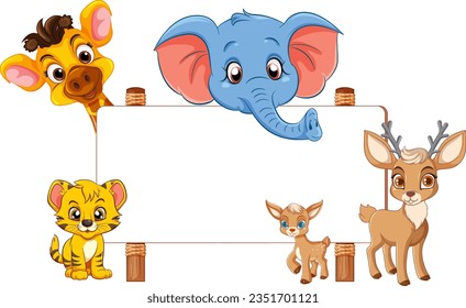 A vibrant cartoon illustration of various wild animals standing together in front of a signboard banner