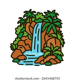 A vibrant cartoon illustration of a waterfall cascading down rocky cliffs surrounded by lush tropical foliage and palm trees. The scene is presented in a simple, outlined style with bold colors.
