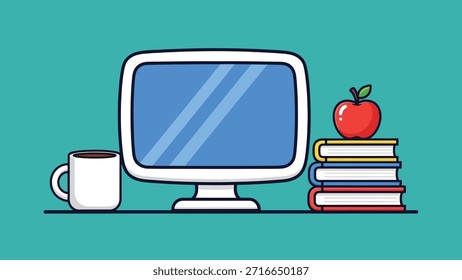 Vibrante ilustración de dibujos animados de un monitor de computadora blanco, una taza de café blanco, una pila de libros de colores y una manzana roja fresca.