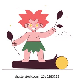 A vibrant cartoon illustration of a wild child with bright orange hair and green accents. Perfect for children's books, websites, or any project needing a playful and energetic character. 