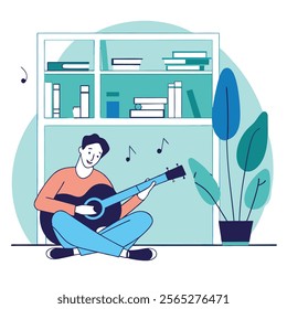 A vibrant cartoon illustration of a young man happily playing an acoustic guitar. Ideal for websites, blogs, articles, or social media related to music, hobbies, or youth culture.