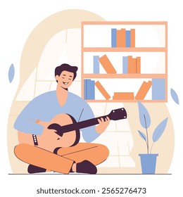 A vibrant cartoon illustration of a young man joyfully playing an acoustic guitar. Perfect for websites, blogs,