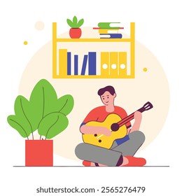 A vibrant cartoon illustration of a young man happily playing an acoustic guitar. Ideal for websites, blogs, music-related projects, and social media content needing a cheerful