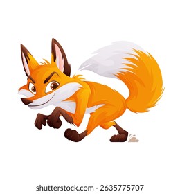A vibrant cartoon image of a sly fox. This animal is running, it is sporting bright orange fur, and a fluffy white tail. This fox is perfect for animated projects.