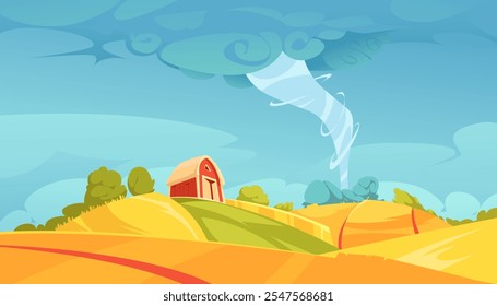 Un vibrante paisaje de dibujos animados con colinas ondulantes de trigo dorado, un granero rojo y un tornado en el cielo. La escena es brillante y colorida, con un cielo azul y nubes esponjosas.