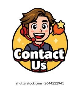 Mascote animado de um representante de serviço ao cliente sorridente usando um fone de ouvido vermelho, com o texto "Fale Conosco" exibido abaixo
