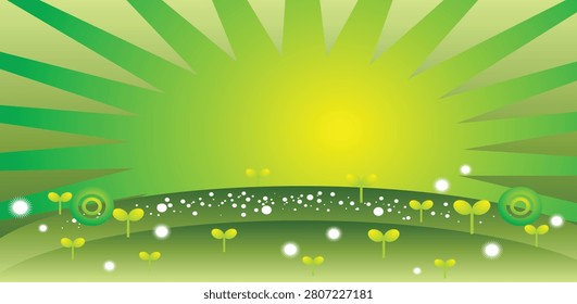 Vibrant cartoon meadow background with fresh plant shoots, sunny yellow sky with radial beams, eco friendly concept design with playful organic shapes and light.