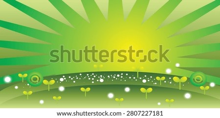 Vibrant cartoon meadow background with fresh plant shoots, sunny yellow sky with radial beams, eco friendly concept design with playful organic shapes and light.