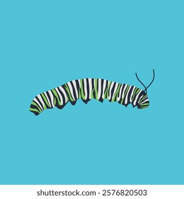 Vibrant cartoon monarch caterpillar against a light blue background