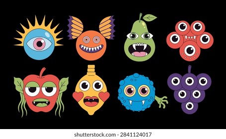 Vibrant Cartoon Monster Fruit Characters and Eyes Vector Set