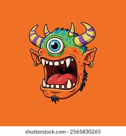 A vibrant cartoon monster with one eye and horns is shown roaring with its mouth wide open.