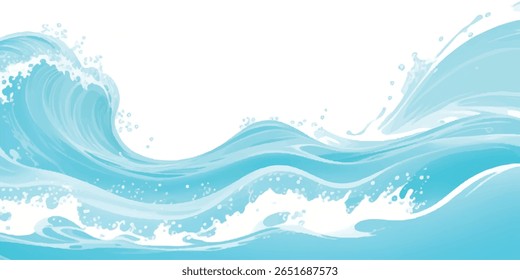 Vibrant Cartoon Ocean Wave Vector with Splash and Foam on White Background – Perfect for Summer Party Designs, Kids Themes, and Travel Graphics