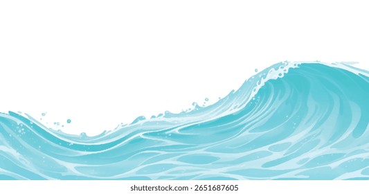 Vibrant Cartoon Ocean Wave Vector with Splash and Foam on White Background – Perfect for Summer Party Designs, Kids Themes, and Travel Graphics