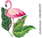 Vibrant cartoon of a pink flamingo standing on one leg with tropical leaves in the background, perfect for decor, greeting cards, and tropical-themed designs.