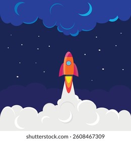 A vibrant cartoon rocket ship with bright flames is launching into a dark blue night sky filled with stars, breaking through fluffy white clouds. Vectot illustrator EPS 10