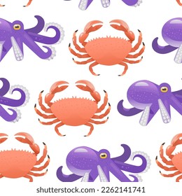 Vibrant cartoon seamless pattern with cute crabs and octopus. Vector illustration