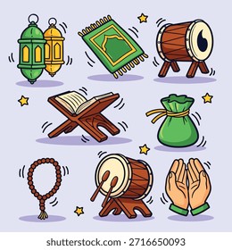 Vibrante conjunto de dibujos animados con símbolos islámicos: linternas, estera de oración, soporte del Corán, tambores, basura, bolsa de dinero y manos de oración