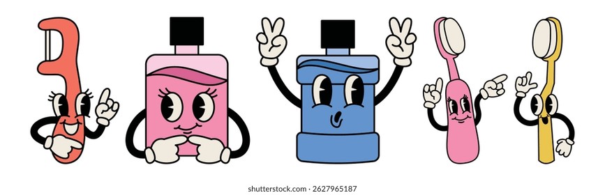 A vibrant cartoon set featuring personified dental hygiene tools. These friendly characters embody a groovy retro aesthetic, promoting oral care in a fun and engaging way.