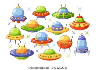 Vibrant Cartoon Set Of Flying Saucers In Various Colors And Designs Isolated On White Background. Colorful Whimsical Ufo