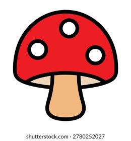 A vibrant cartoon style drawing of a single red mushroom with white spots and a beige stalk isolated on a plain background