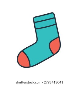A vibrant cartoon style drawing of a turquoise sock with orange toe and heel sections isolated on a white background