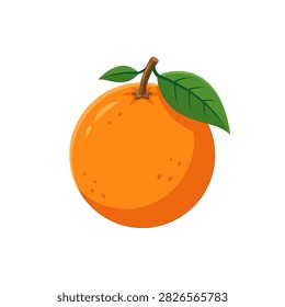 A vibrant cartoon style illustration of a single ripe orange fruit with a stem and two green leaves isolated on a white background.