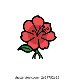 Vibrant cartoon style image of a red hibiscus flower. The flower has bold black outlines and is accompanied by two green leaves. Isolated on white background.