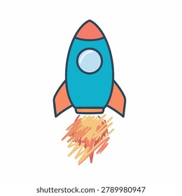 A vibrant cartoon style rocket ship flying upward with orange flames trailing behind it isolated on white