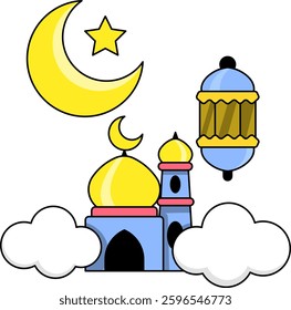 A vibrant cartoon style sticker illustration featuring a mosque with golden domes surrounded by clouds a crescent moon with a star and a decorative lantern