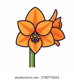 A vibrant cartoon style vector illustration of an orange amaryllis flower with green stem and yellow stamens on a white background.