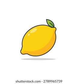 A vibrant cartoon style vector illustration of a single yellow lemon fruit featuring a small green leaf and soft shadow isolated on white
