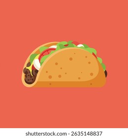 A vibrant cartoon taco, filled with meat, lettuce, tomato, and onion sits against a coral background.