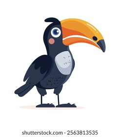 Vibrant cartoon toucan with a striking orange beak, standing confidently. Perfect for wildlife, nature-themed projects, or educational materials