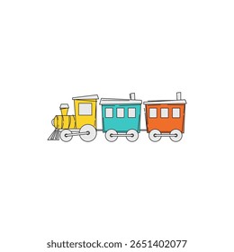 A vibrant cartoon train featuring an engine and two colorful carriages. Ideal for children's illustrations, designs, or playful graphics. Perfect for creating fun and adventurous themes.