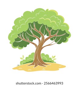 "Vibrant Cartoon Tree Illustration with Lush Green Leaves and Roots"