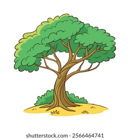 "Vibrant Cartoon Tree Illustration with Lush Green Leaves and Roots"