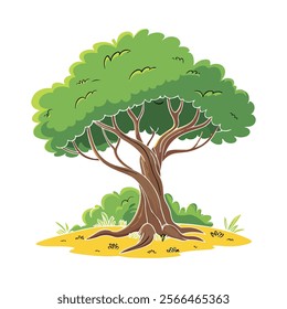 "Vibrant Cartoon Tree Illustration with Lush Green Leaves and Roots"