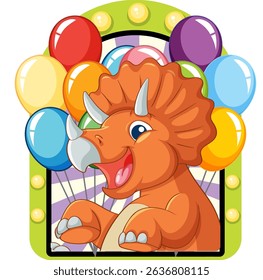 Vibrant cartoon triceratops surrounded by balloons, featuring bold colors and playful composition in a vector style