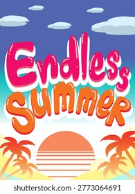 Vibrant cartoon typography poster with pink and orange text over a tropical beach sunset background