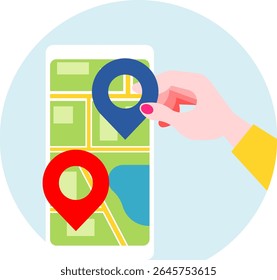 Um vibrante vetor de desenhos animados de um pino GPS em um aplicativo de smartphone. Perfeito para ilustrar navegação, serviços de localização, tecnologia móvel, viagens e encontrar direções com facilidade