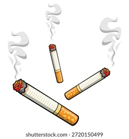 Gráfico vibrante vetor de desenhos animados representando três cigarros em chamas com fumaça crescente, simbolizando vício e hábitos insalubres, elemento de design isolado.