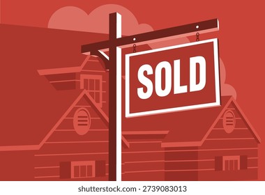 A vibrant cartoon vector illustration of a house with a “SOLD” sign prominently displayed in the front yard. Featuring a stylized red background and house icon, this image represents completed real estate transactions, home sales, and property marketing, ideal for advertising, websites, and promotional materials.