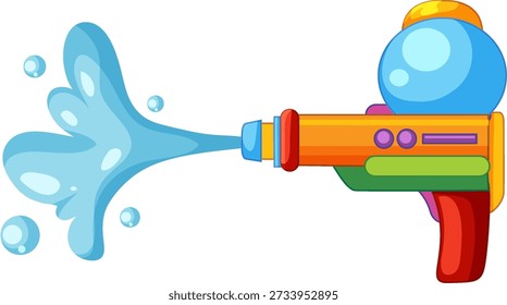 Ilustração vetorial vibrante de uma pistola de água de plástico disparando um respingos no fundo branco