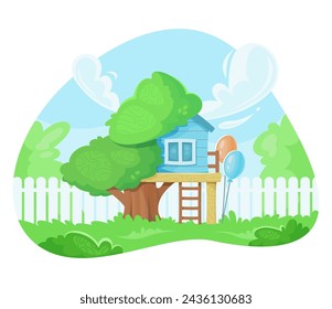 Vibrant cartoon vector illustration of treehouse in sunny backyard with a white fence under blue skies. Cute blue tree fort.