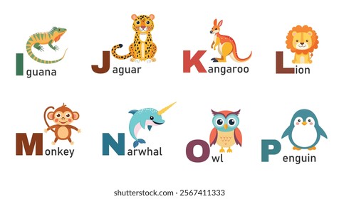 Vibrant Cartoon Vector Set of Alphabet Animals I-P: Cute Iguana, Jellyfish, Kangaroo, and Lion for Children's Learning and Educational Materials