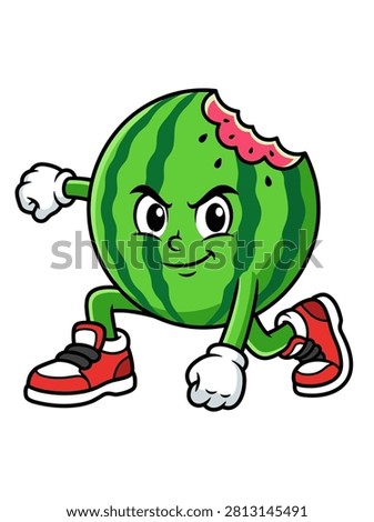 A vibrant cartoon watermelon character with a bitten edge, wearing sneakers and striking a dynamic, aggressive fighting pose