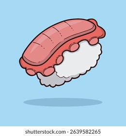 Vibrant, cartoonish illustration of a piece of sushi, with a stylized design featuring simple shapes and bright colors of red and white.