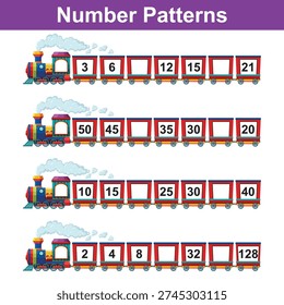 A vibrant, cartoonish train with multiple carriages, some containing numbers, is presented as a math activity. the goal is to fill in the missing numbers in the sequence.