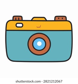 A vibrant cartoon-style camera illustration emphasizing photography, creativity, and visual arts for design projects or educational materials.