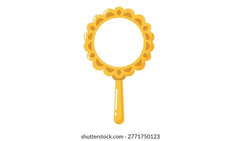 A vibrant, cartoon-style hand mirror features a detailed yellow frame and a clear, reflective oval surface.